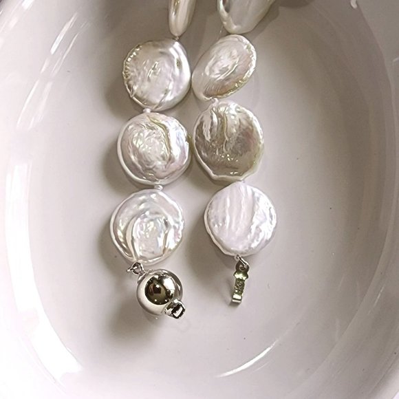 White‎ Coin Cultured Freshwater Pearl Necklace And Earring Set 925S Clasp - Picture 14 of 16